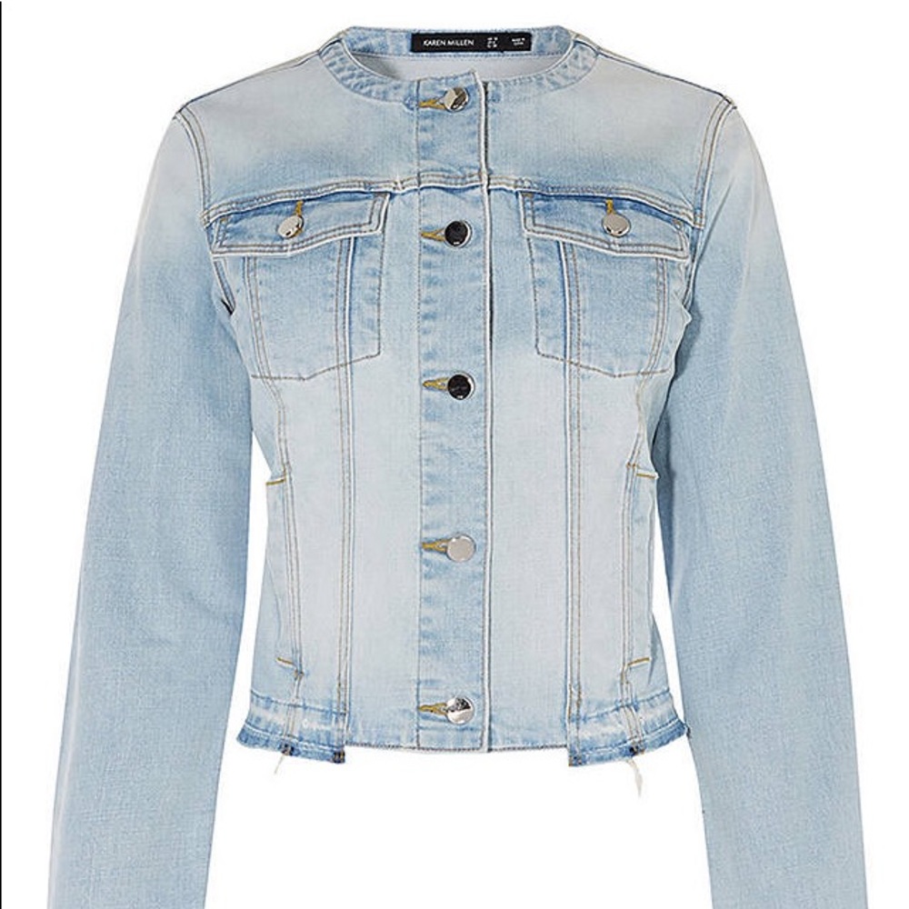 Designer Karen Millen Denim Blue Jean Frayed Hem Button Jacket